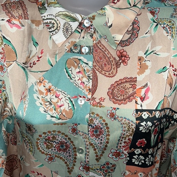 ZARA Satin Effect Womens Neutral Multicolor Paisley Boho Shirt Size M - Picture 5 of 6